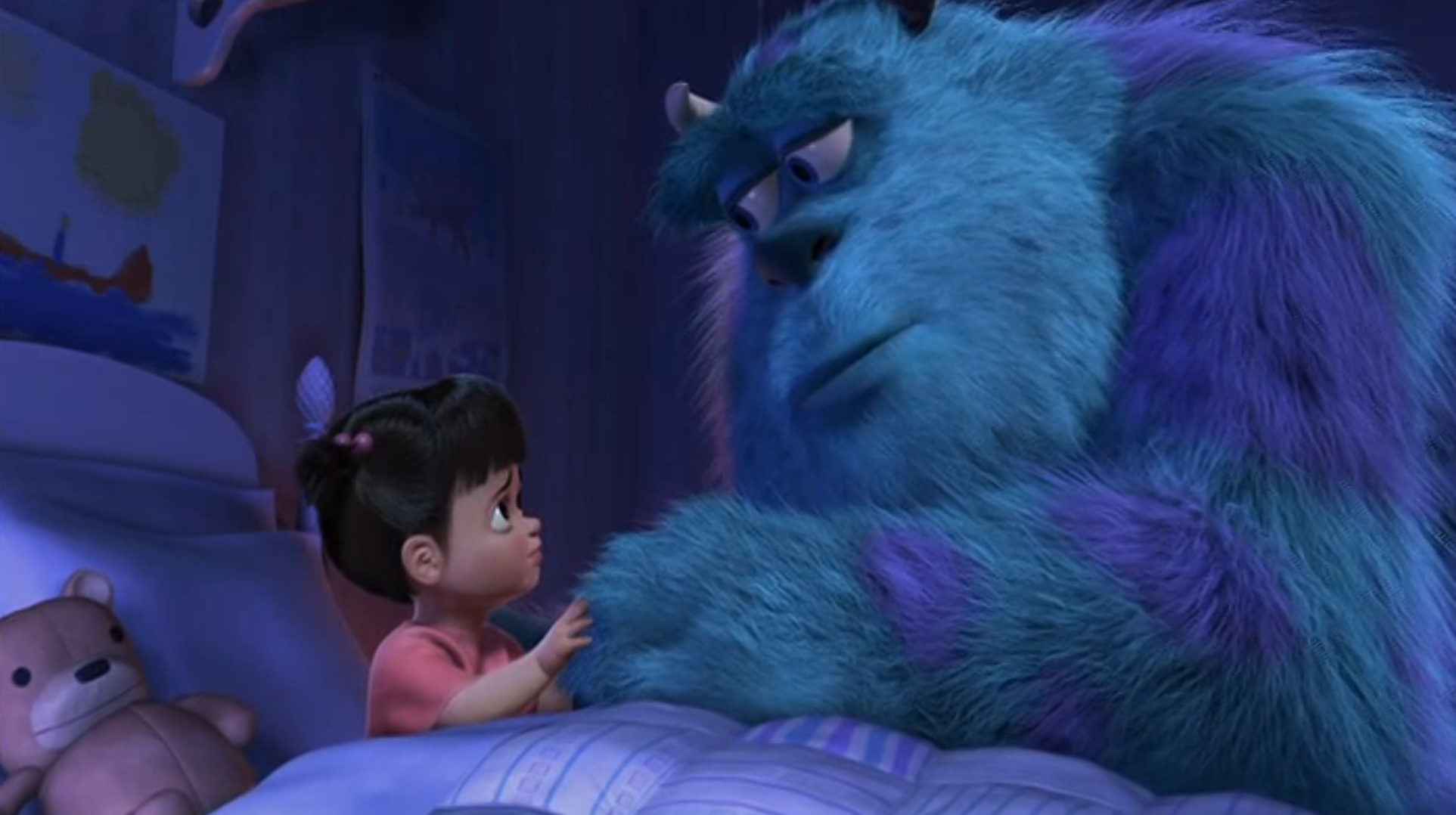 Boo and Sulley saying goodbye. (still from Monsters, Inc. (Pete Docter, 2001))