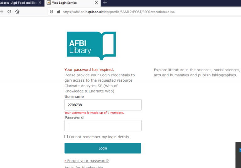 ‘Password Expired’ Error Message AFBI Library Blog