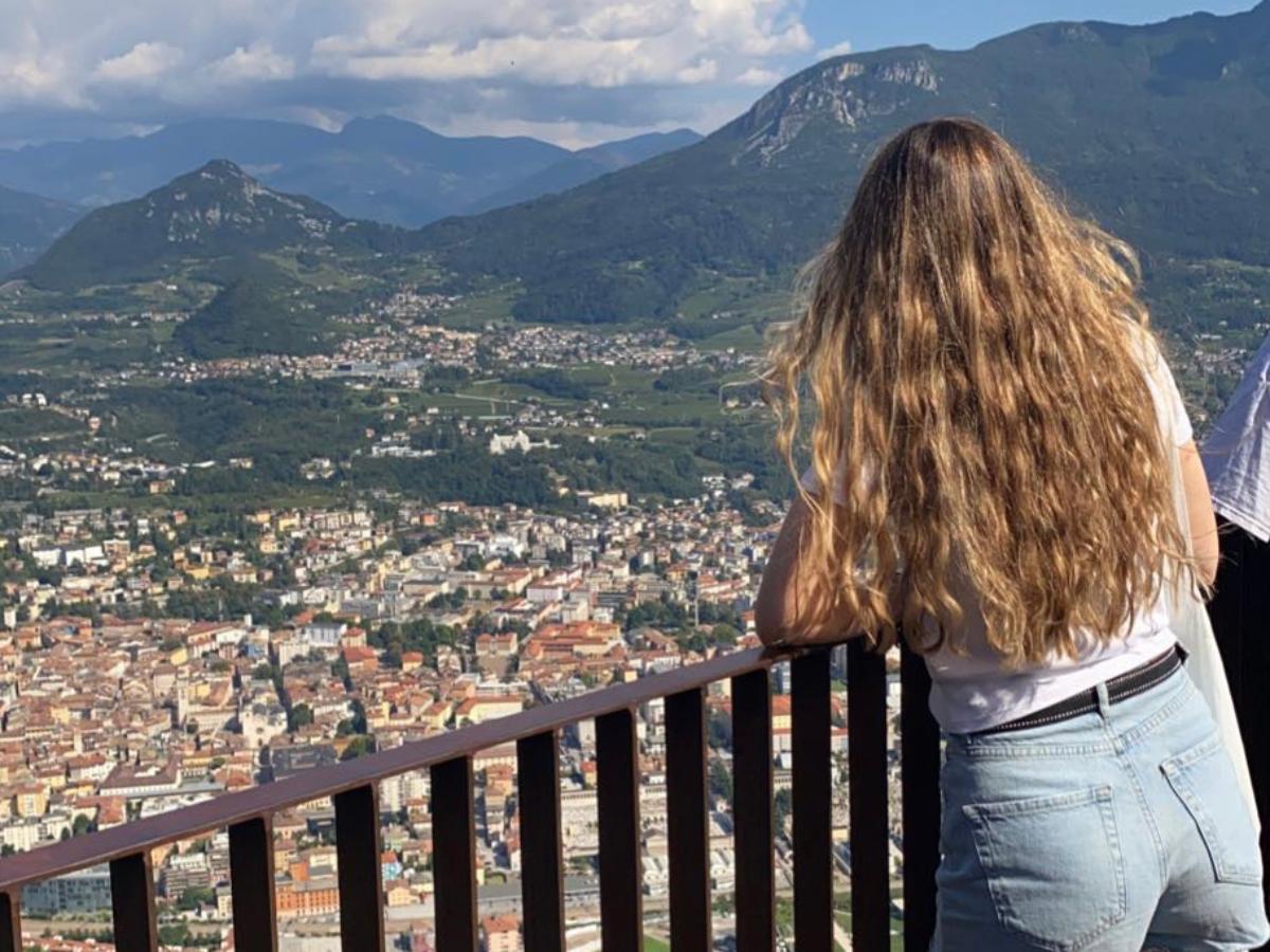 Cate Benson overlooking a town