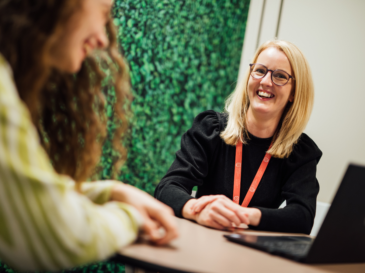 Careers Consultant Carmel speaking with a student