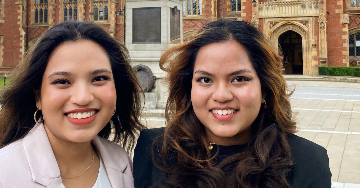 Two Malaysian sisters at Queen's Lanyon building