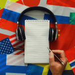 Notepad on a collage of countries flags