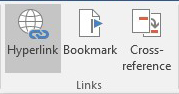 Hyperlink button within the Links section of the Design Tab (MS Word)