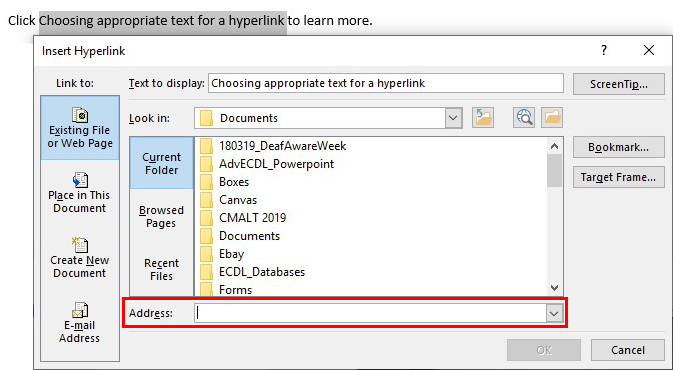Insert Hyperlink dialogue box with the Address bar highlighted in red