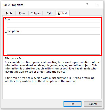 Table Properties box, Al Text tab where Title and Description should be completed to caption the table