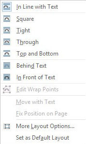 MS Word - Wrap Text drop down options
