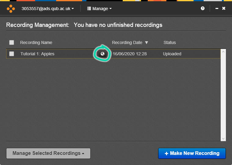 Screenshot of Mediasite Desktop Recorder "Manage" page, showing an existing recording, with a button highlighted.