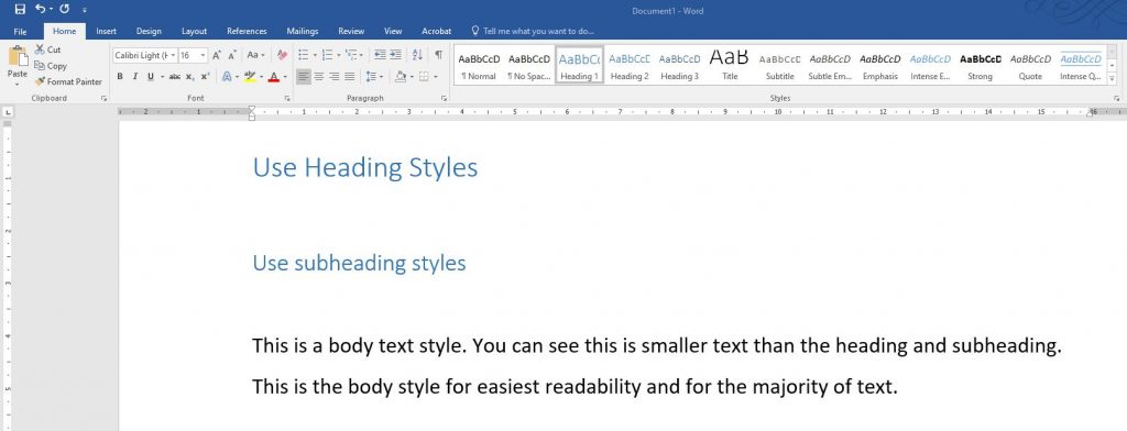 Example of text styles in MS Word