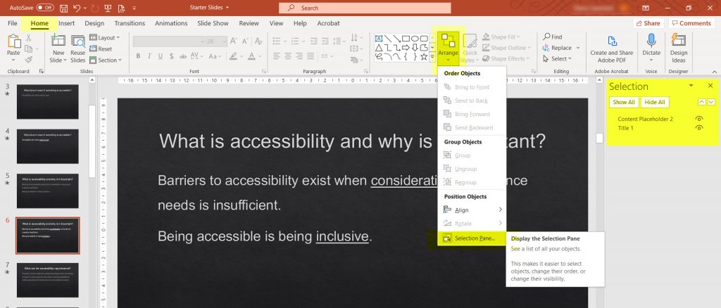 MS PowerPoint - Sequence content (Home Tab, Arrange, Selection Panel)