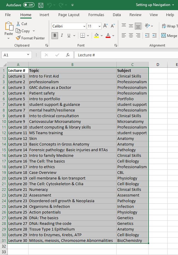 Creating a lecture list in Excel
