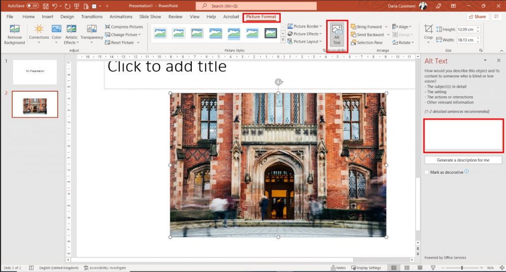 PowerPoint - adding an ALT Text description to an image 