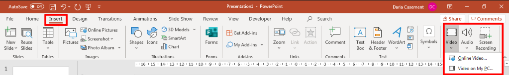 PowerPoint - Insert Tab to insert video