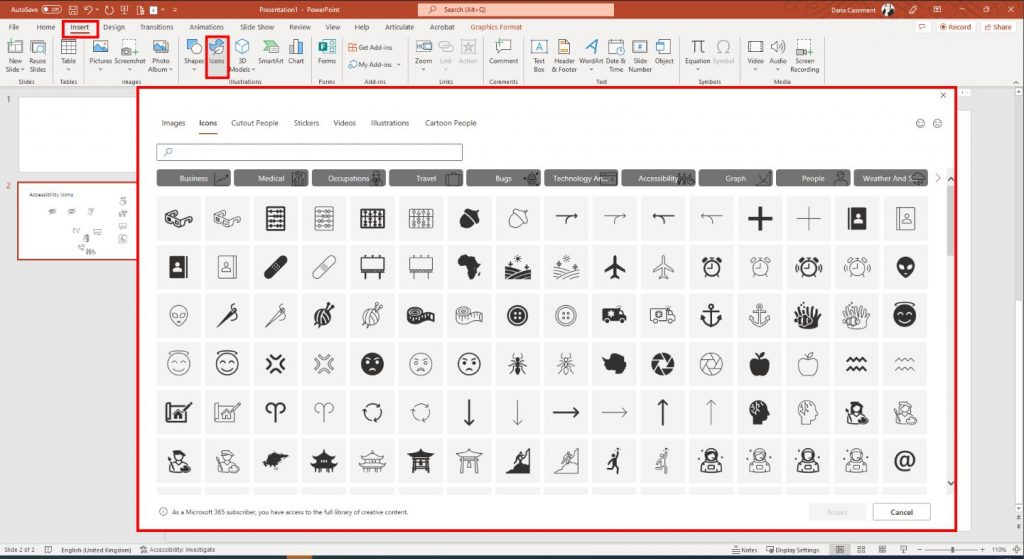 PowerPoint - Insert tab to find icons