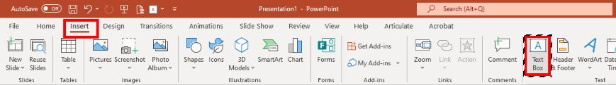 PowerPoint - Insert Tab to find text boxes