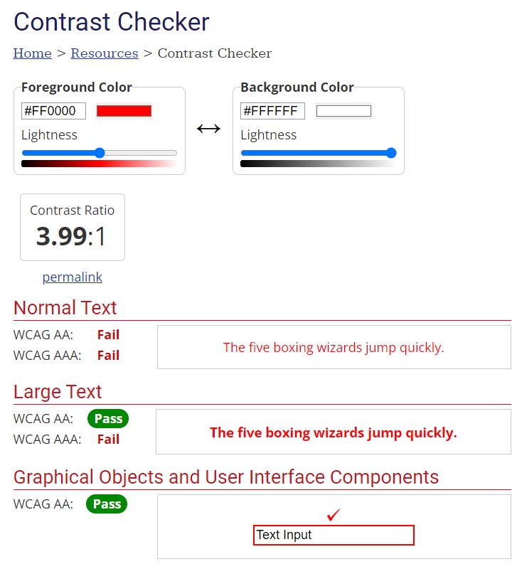WebAIM checker demonstrating the contrast ratio at AA and AAA Standards