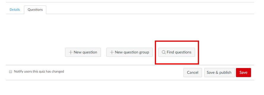 Screenshot highlighting find questions button in Canvas