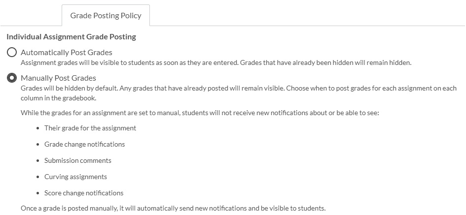 Image shows a screenshot of the Canvas Grade Posting Policy