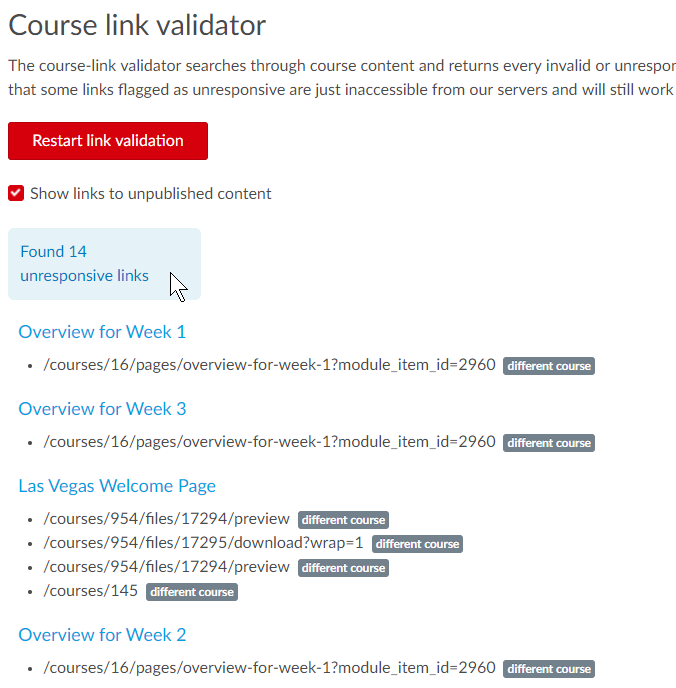 screenshot of Course Link validator report