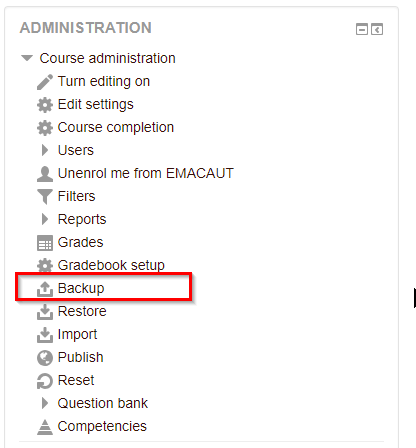 backup button in Moodle course