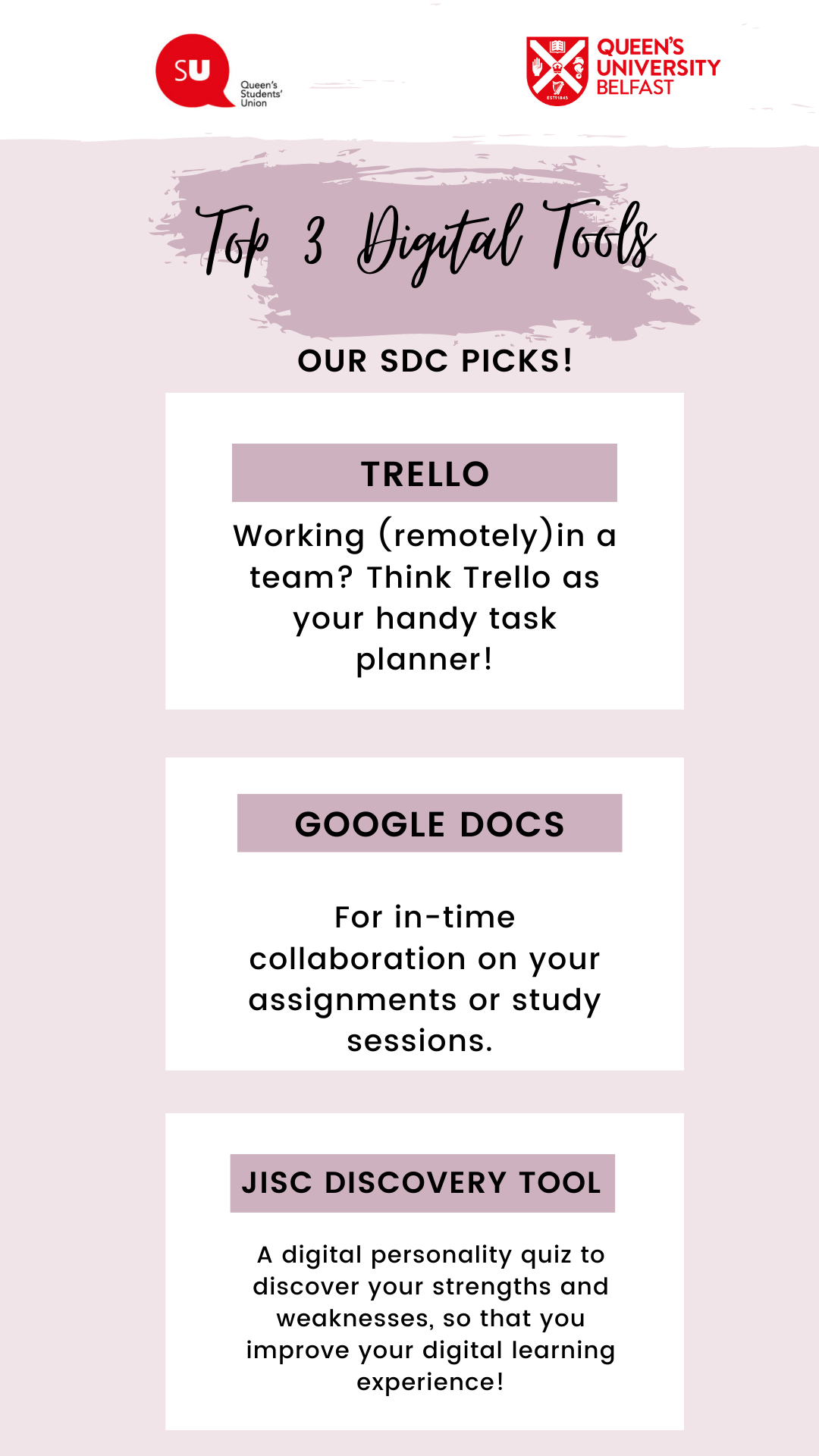 Lilac poster with 3 top digital picks - trello, google docs and jisc discovery tool
