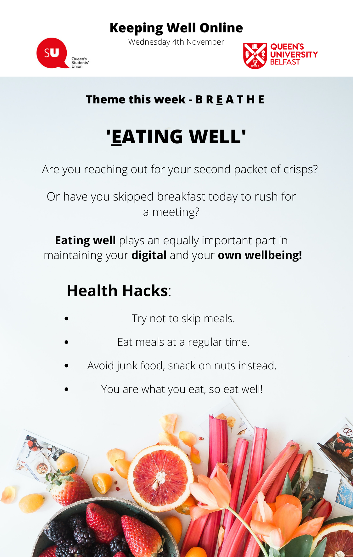 keeping well poster, grey background with bright and healthy food image