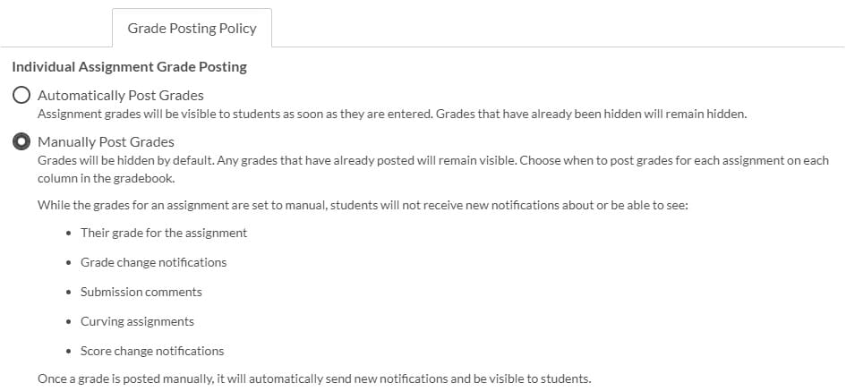Image shows a screenshot of the Canvas Grade Posting Policy