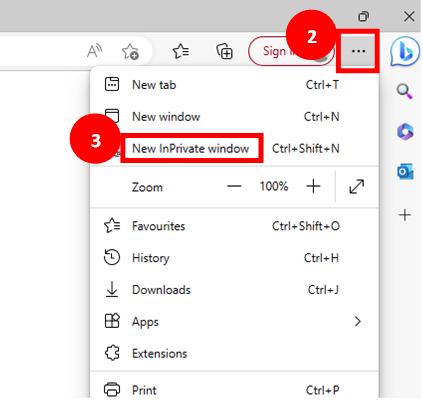 Edge browser menu highlighting three dot menu as step 2 and 'New In private window' as step 3