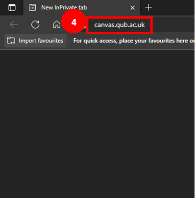 Edge in private browsing window highlighting 'canvas.qub.ac.uk' typed in search bar as step 4