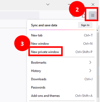 Firefox browser menu with menu icon highlighted as step 2 and 'new private window' as step 3