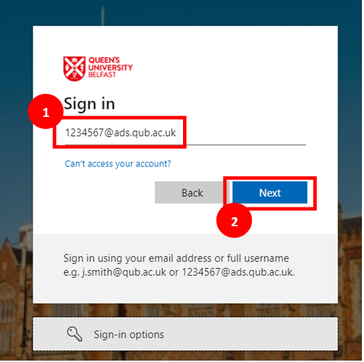 Canvas login screen highlighting 'email or username' box as step 1 and 'next' box as step 2