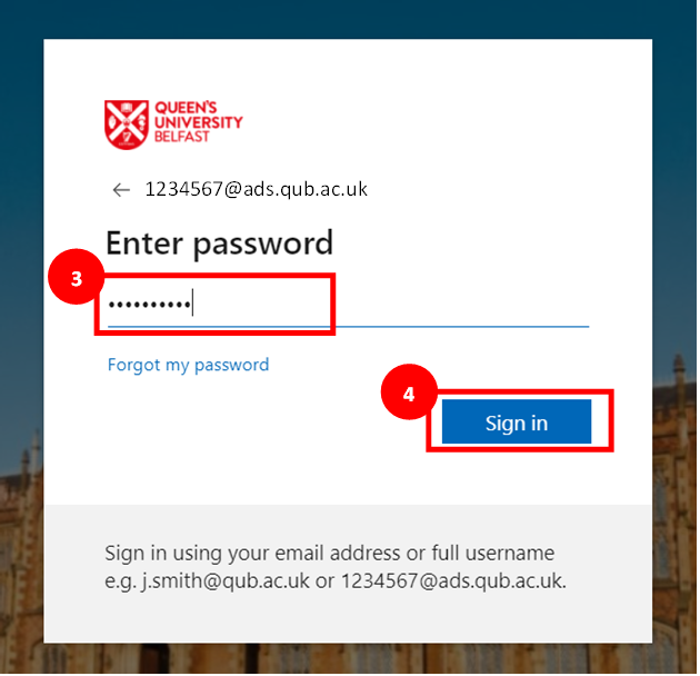 Canvas log in screen highlighting 'password' box as step 3 and 'sign in' box as step 4