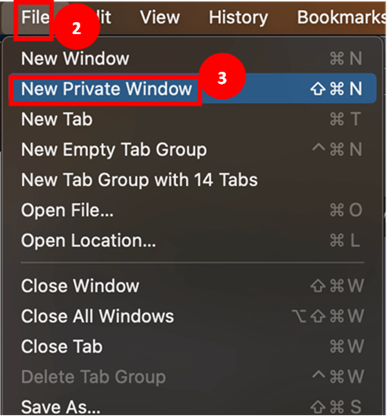 Safari browser menu highlighting 'file' as step 2 and 'new private window' as step 3.