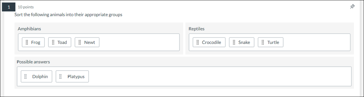 An example Categorisation question type for New Quizzes