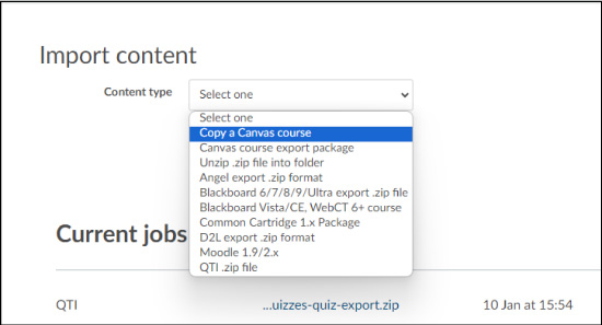 In the “Content Type” drop down menu, click on “Copy a Canvas Course".