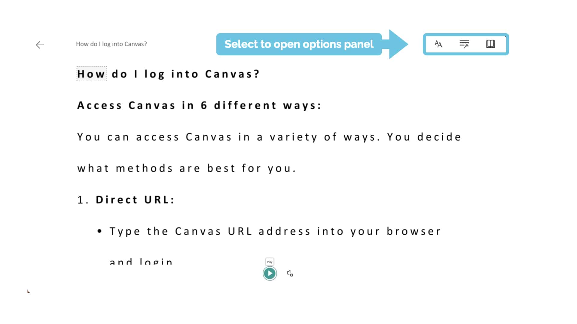 Immersive Reader options panel on top right of Immersive Reader window