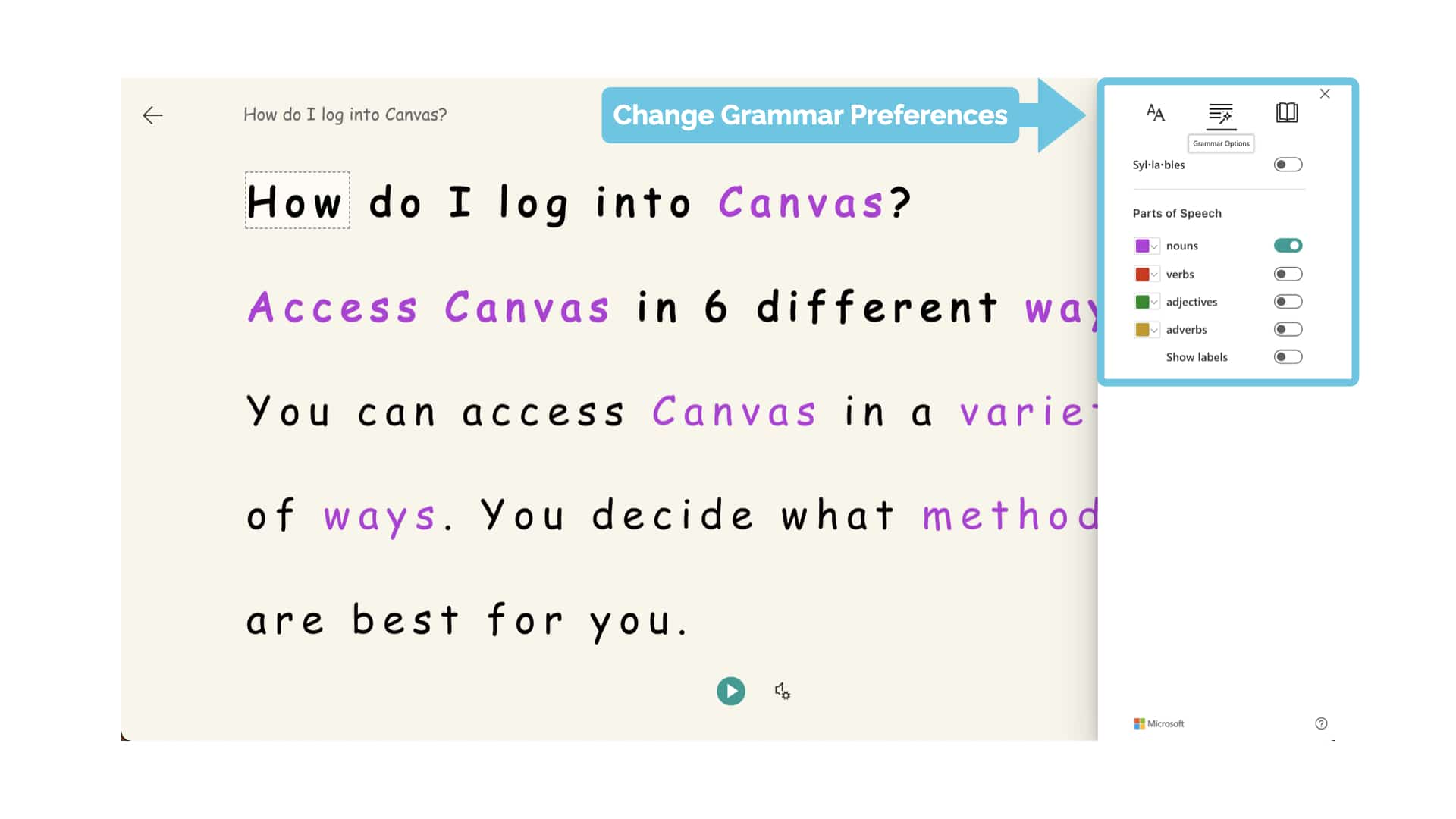 Change Grammar Preferences using the "Grammar Options" tab