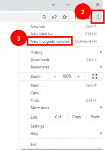 Chrome browser menu highlighting three dot menu icon as step 2 and 'new incognito window' as step 3.