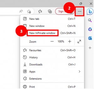 Edge browser menu highlighting three dot menu as step 2 and 'New In private window' as step 3