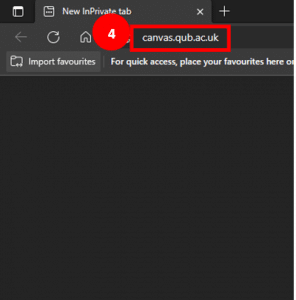 Edge in private browsing window highlighting 'canvas.qub.ac.uk' typed in search bar as step 4
