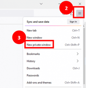 Firefox browser menu with menu icon highlighted as step 2 and 'new private window' as step 3