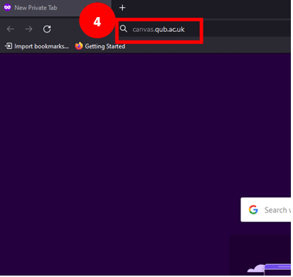Firefox private browsing window highlighting 'canvas.qub.ac.uk' typed in the search bar as step 4