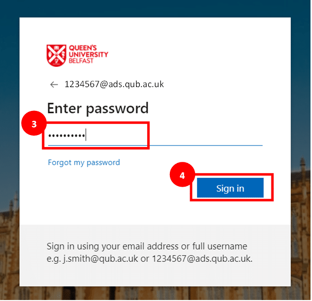 Canvas log in screen highlighting 'password' box as step 3 and 'sign in' box as step 4