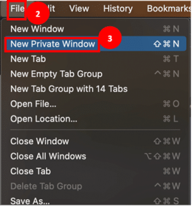 Safari browser menu highlighting 'file' as step 2 and 'new private window' as step 3.