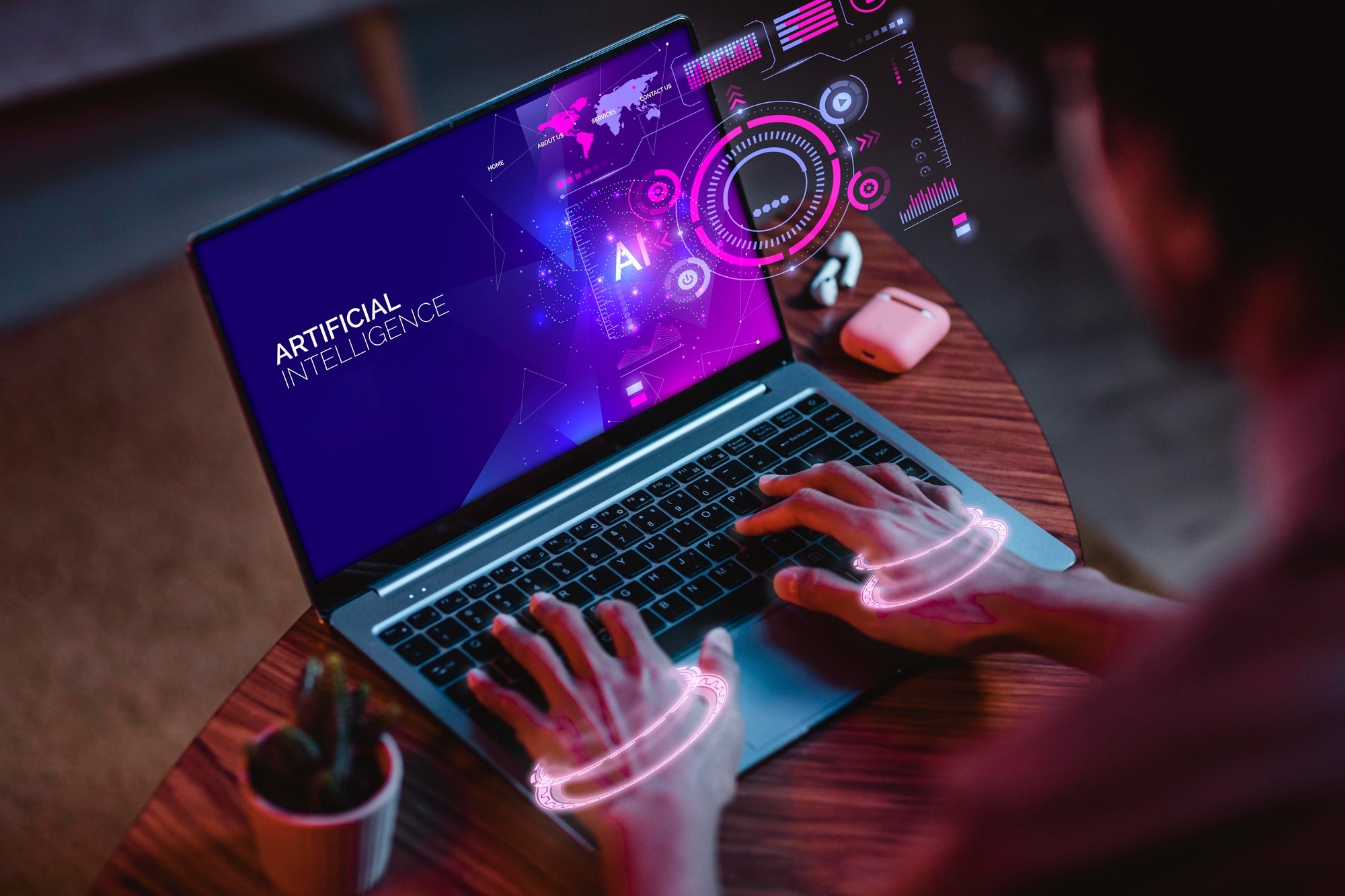 Futuristic image of someone using a laptop with Artificial Intelligence written on the screen