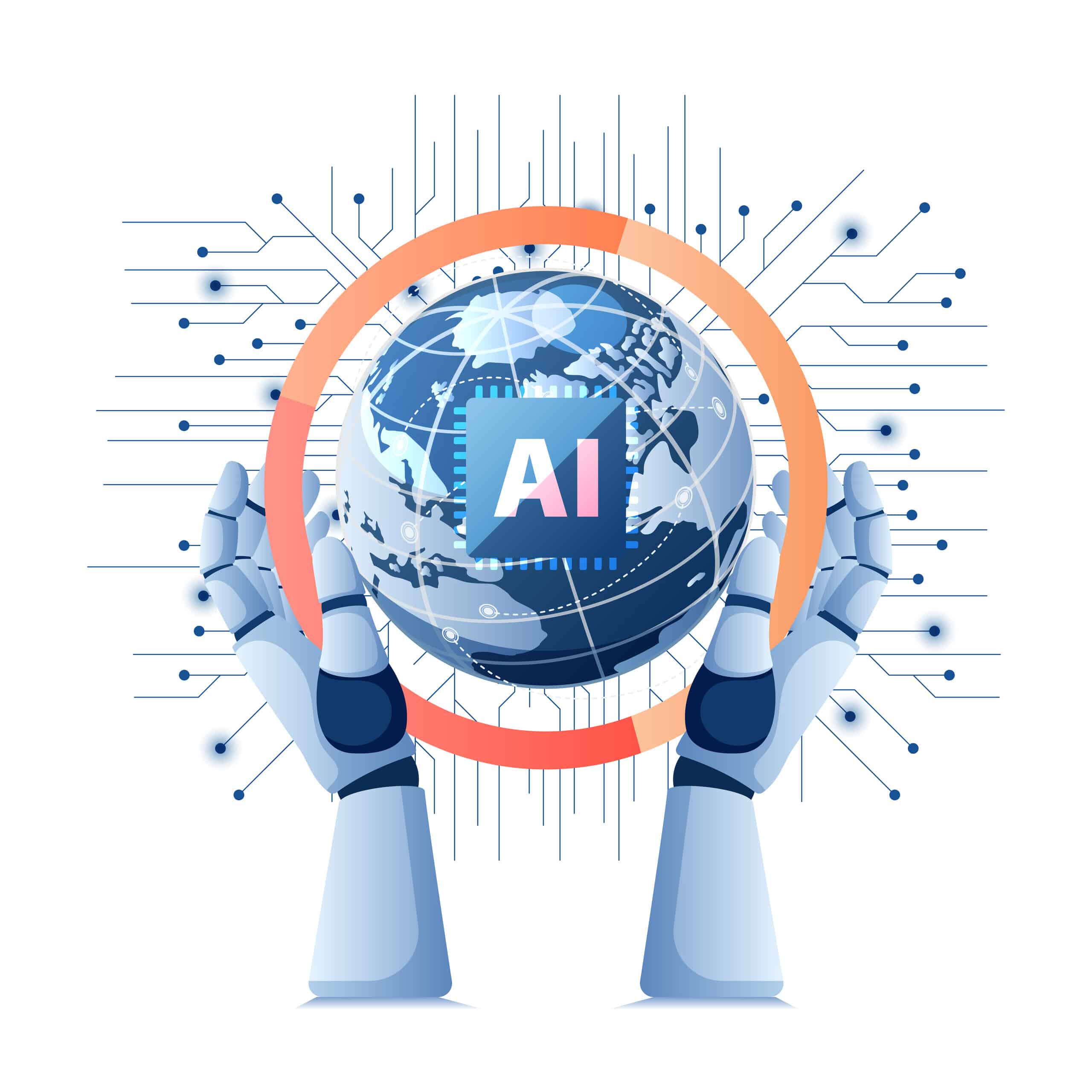 Illustration of robot hands holding a globe that contains a computer chip with the letters AI