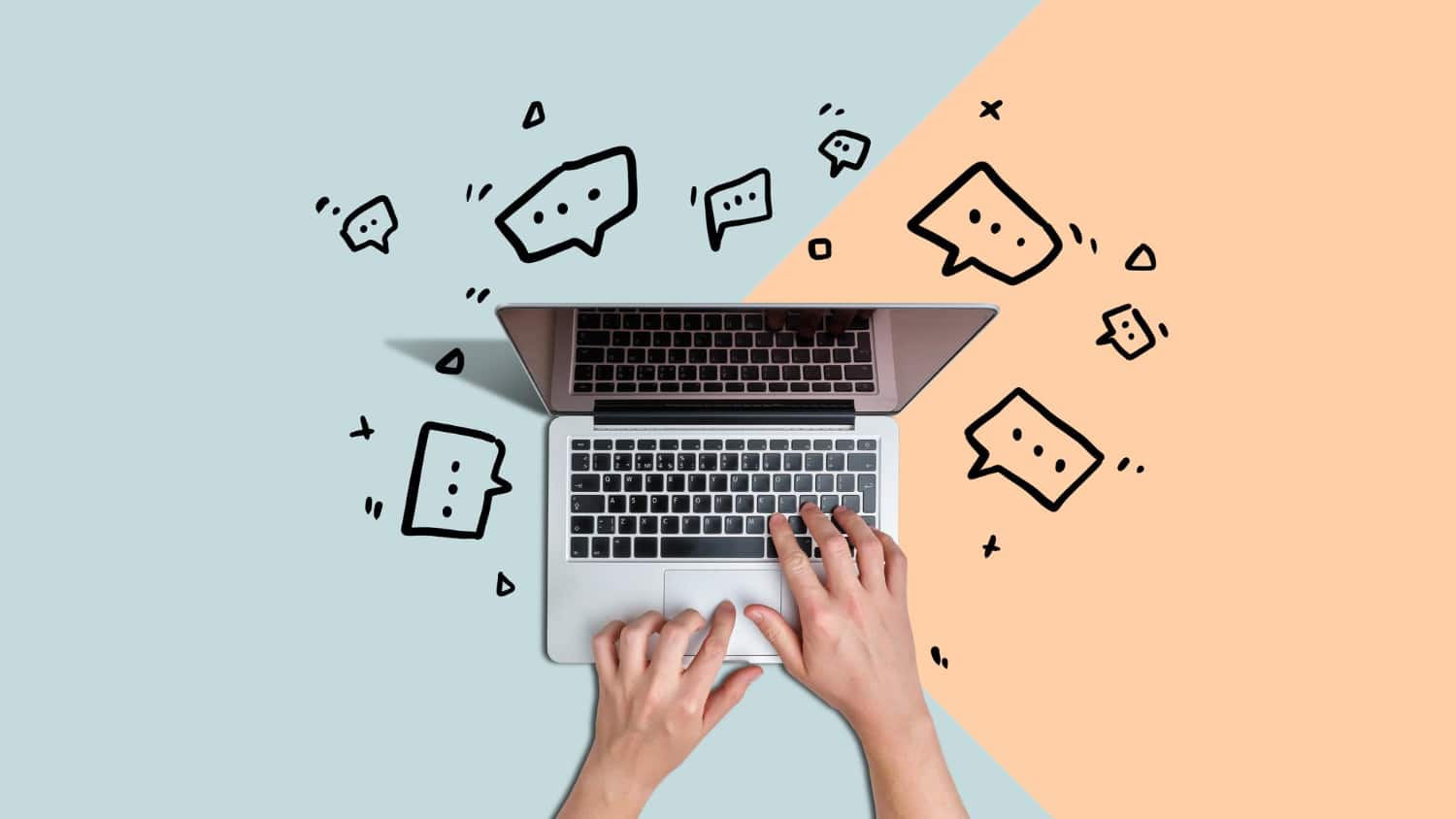 Laptop surrounded by speech bubble outlines