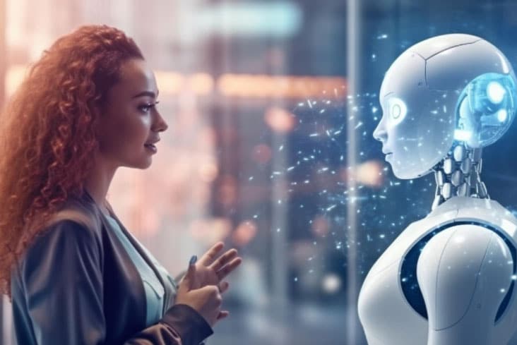 Young woman facing and communicating with a robot