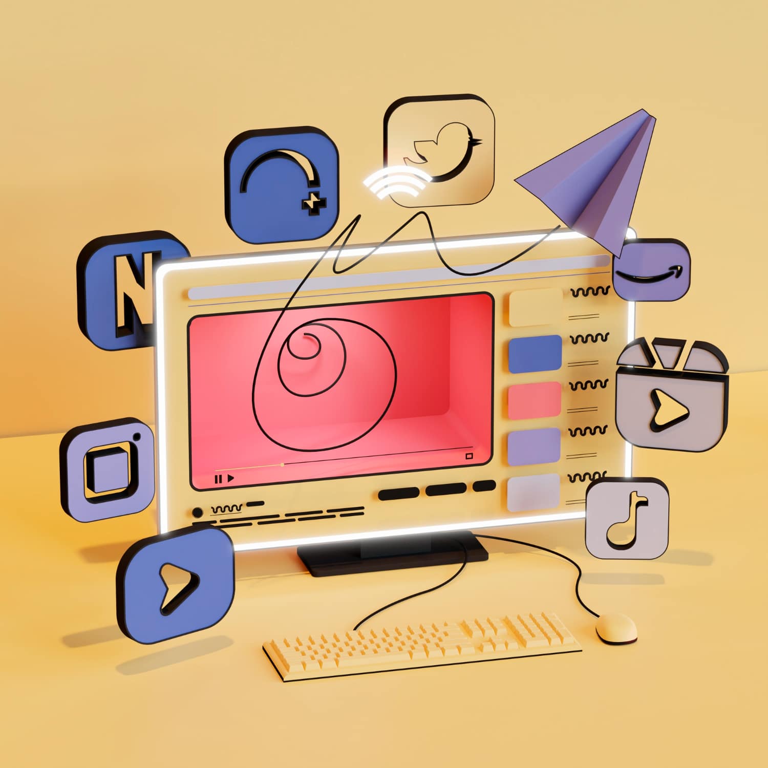 Mockup of computer screen with app icons floating around it