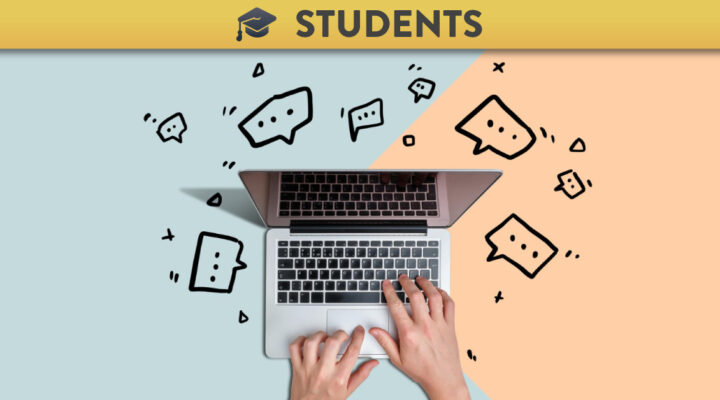 Hands typing on a laptop with hand drawn speech bubbles