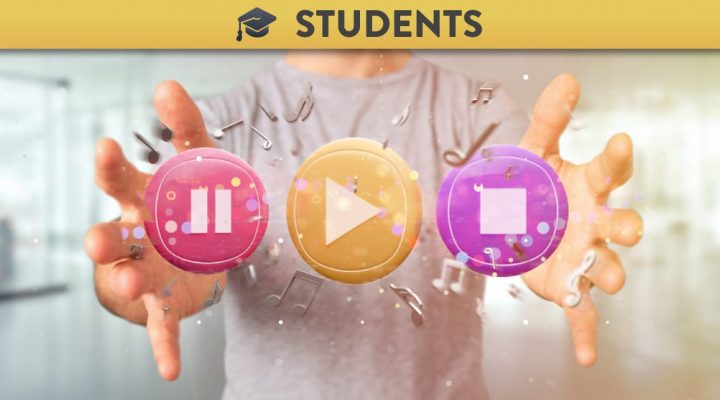 Person with open hands holding play, pause and stop video icons